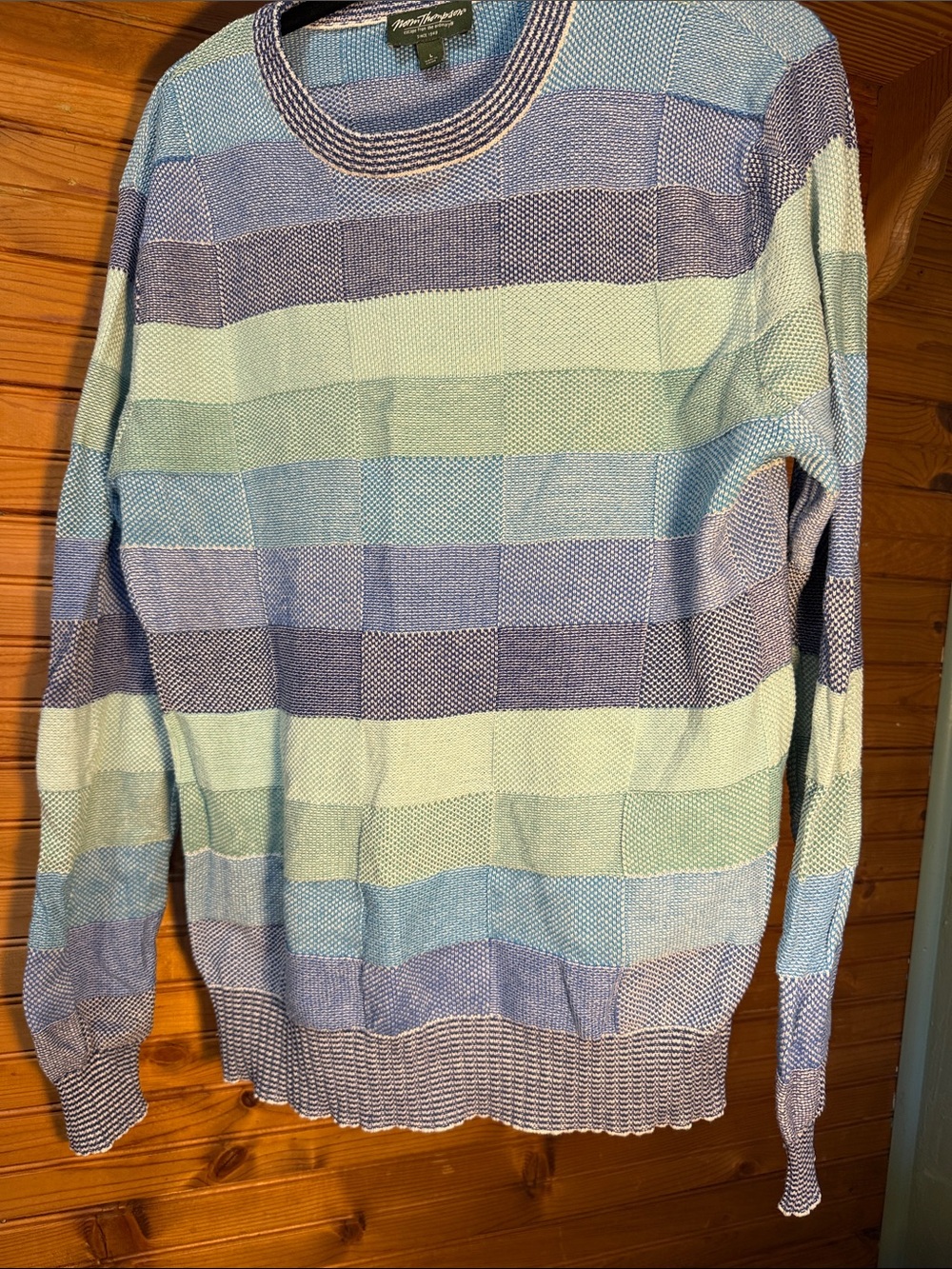 Norm Thompson Striped Crewneck Sweater in Light Blue, Mint & Navy